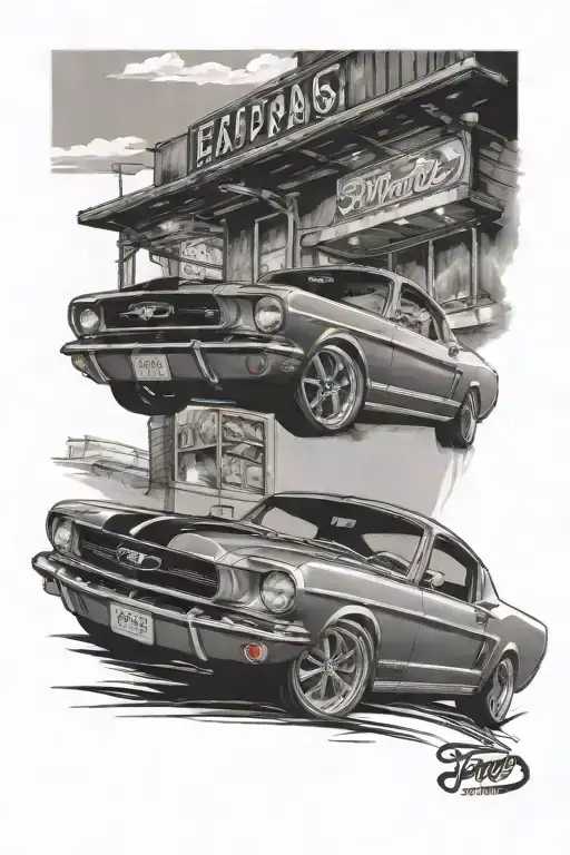 Ford Mustang fastback diner's driving tattoo design idea