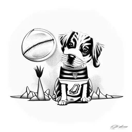 A dog wearing a football jersey, sitting under a palm tree on a tropical beach tattoo design idea