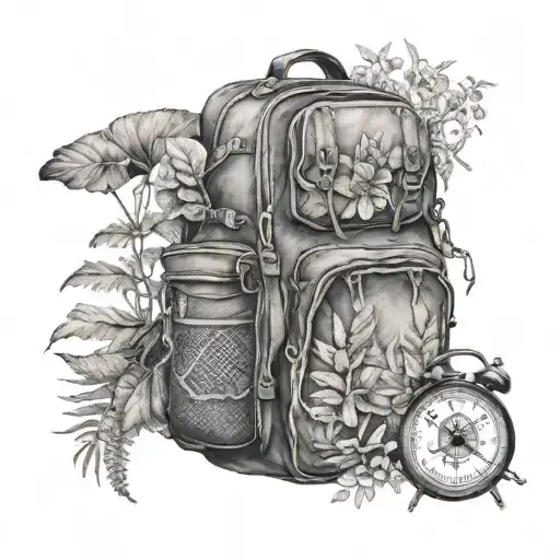 An x-ray style tattoo of a hiking backpack filled with plant specimens and a compass, symbolizing the client's love for adventure and nature tattoo design idea