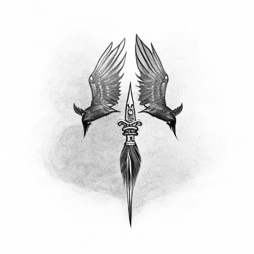 Trident with raven feathers tattoo design idea