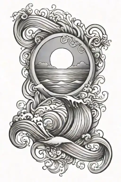 waves, infinity symbol intertwined, sun rising tattoo design idea