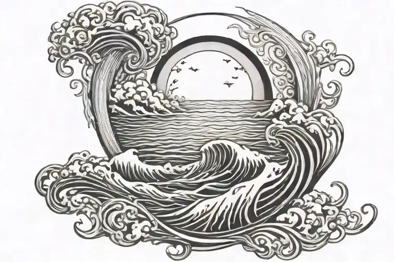 waves, infinity symbol intertwined, sun rising tattoo design idea