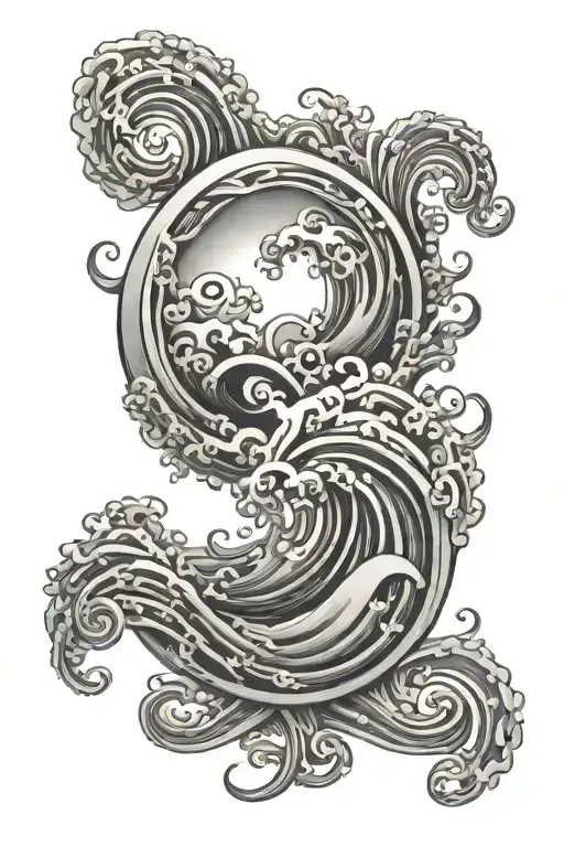 waves, infinity symbol intertwined, sun rising tattoo design idea