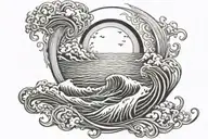 waves, infinity symbol intertwined, sun rising tattoo design idea