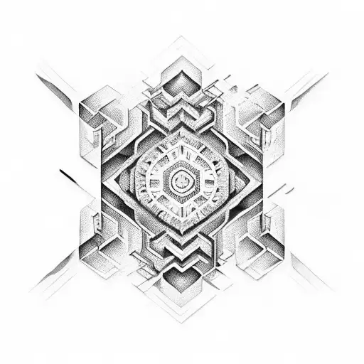 A stylized Dewalt power tool surrounded by intricate geometric patterns tattoo design idea