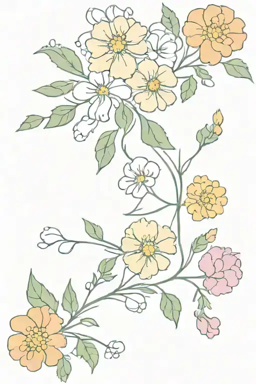 Marigold, Violet, Daisy, Sweetpea flowers in a vine tattoo design idea