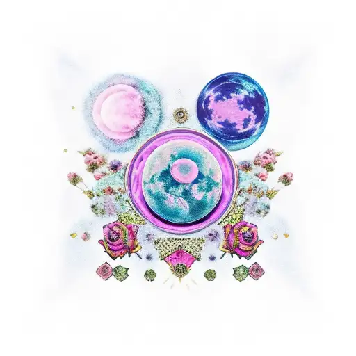 bohemian blue moon and purple sun with a rose quartz and pink Hoya carnosa plant wrapped around  tattoo design idea
