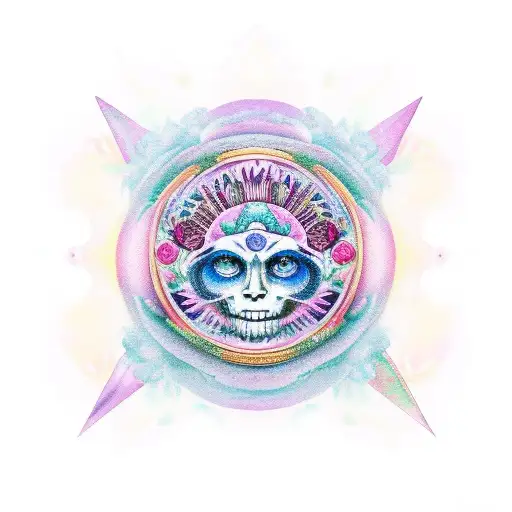 bohemian face blue moon and purple sun with a rose quartz and pink Hoya carnosa plant wrapped around  tattoo design idea