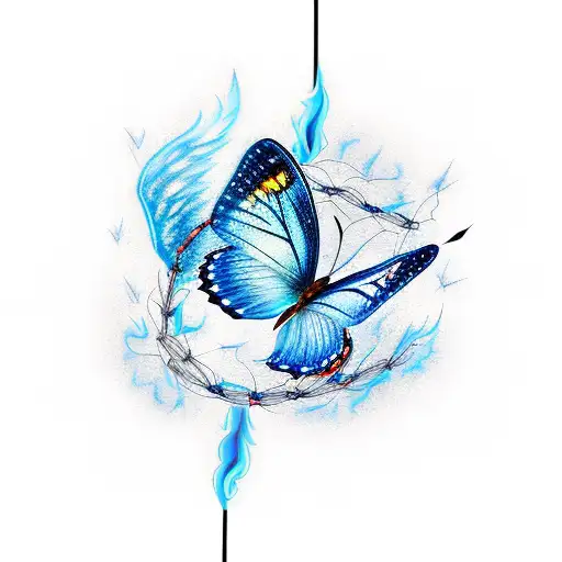 blue butterfly with flameing wings   flying from a barbed wire bat on fire tattoo design idea