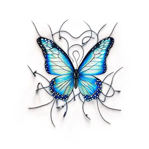 blue butterfly but the body is made of barbed wire tattoo design idea