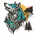 wolf and trees colors sunset tattoo design idea