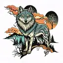 wolf and trees colors sunset tattoo design idea