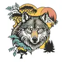wolf and trees colors sunset tattoo design idea