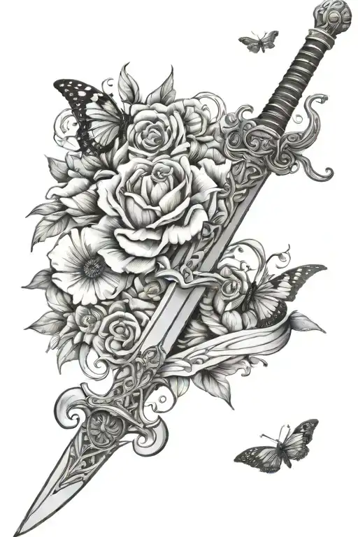 flowers and butterflies around a sword tattoo design idea