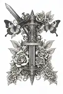 flowers and butterflies around a sword going up and down on the spine tattoo design idea