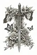 flowers and butterflies around a sword going up and down on the spine tattoo design idea