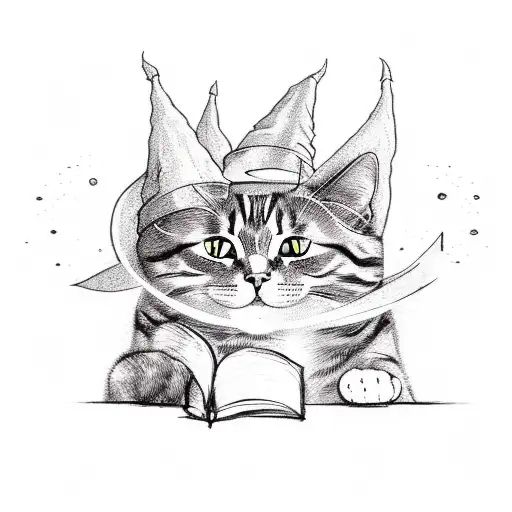 A whimsical sketch of a cat wearing a wizard hat casting a spell tattoo design idea