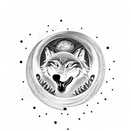 A dotwork tattoo of a wolf howling at the moon with a black aura surrounding it, incorporating geometric shapes tattoo design idea