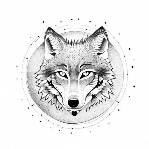 A dotwork tattoo of a wolf howling at the moon with a black aura surrounding it, incorporating geometric shapes tattoo design idea