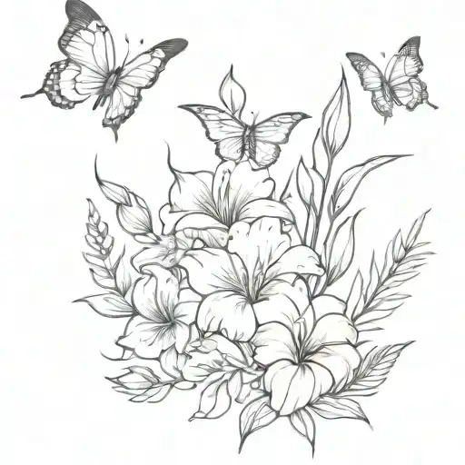 Bouquet of flowers consisting of gladiolus, rose, and chrysanthemum. 3 butterflies flying around the flowers. Bow   tattoo design idea