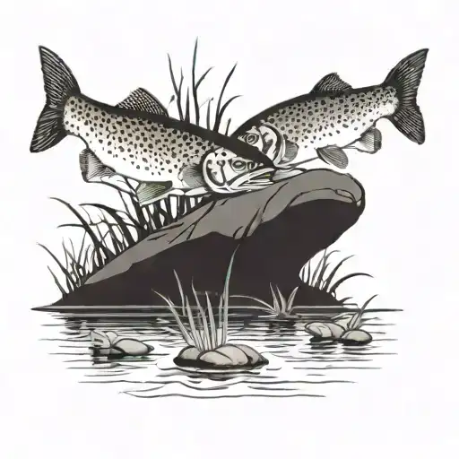 Outdoor scene with two trout in a creek swimming, with a rabit and duck along the shore tattoo design idea