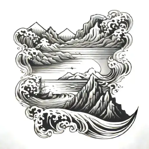 ocean waves leading to mountains   tattoo design idea