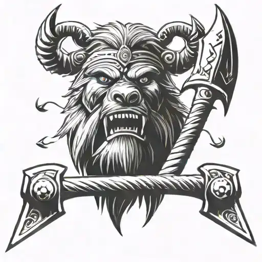 Norse berserker wearing a bear head with the berserker symbol in between his eyes that makes up the handle of a Mjolnir tattoo design idea
