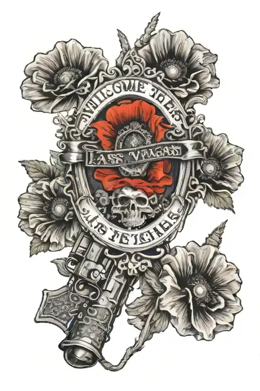 red poppy's around the "welcome to Las Vegas" sign, zombie taliban, combat infantry badge incorporated into the design tattoo design idea