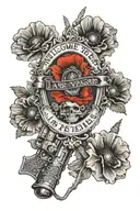 red poppy's around the "welcome to Las Vegas" sign, zombie taliban, combat infantry badge incorporated into the design tattoo design idea