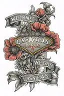 red poppy's around the "welcome to Las Vegas" sign, zombie taliban, combat infantry badge incorporated into the design tattoo design idea