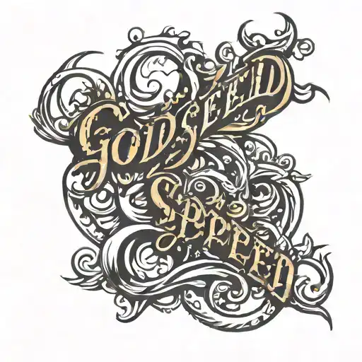 Godspeed written horizontally in cursive with some small design  tattoo design idea