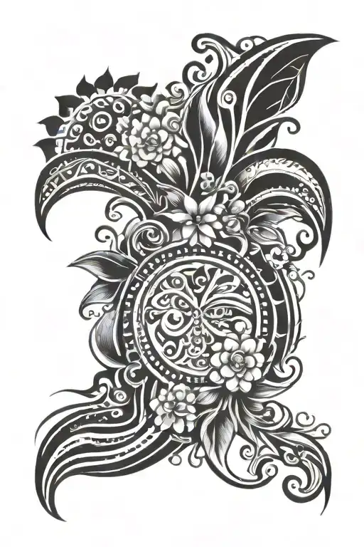 Taino tribal sleeve with ocean, flowers, and san juan paseo de la princesa, waves  tattoo design idea