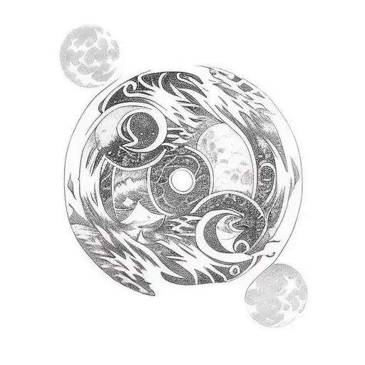 An anime character with muscular arms in a yin and yang pose, surrounded by a moon and wolf tattoo design idea
