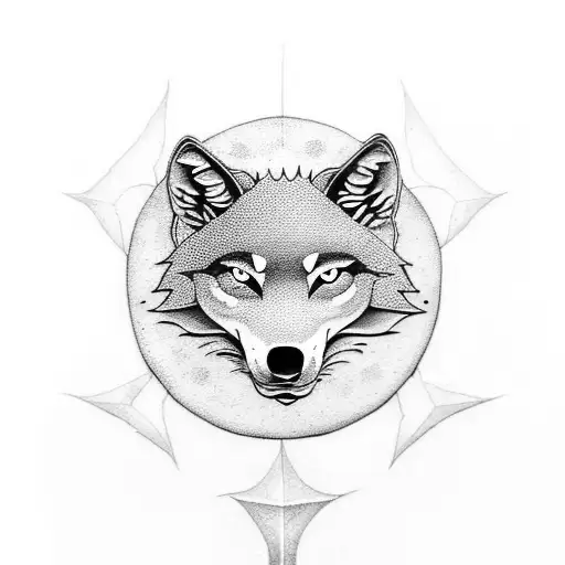 A dotwork tattoo of a wolf's head, with a muscular arm emerging from the side and holding a crescent moon in a yin and yang style tattoo design idea