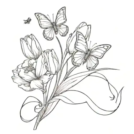 tulip bouquet with ribbon on a stem and small butterflies on the flower tattoo design idea