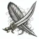 A FEATHER WITH A SWORD TATOO, MANLY  TATOO ON A FOREARM SIDE, MAKE IT VERY MANLY AND AGGRESSIVE tattoo design idea