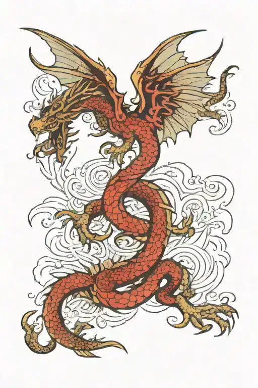 Full back peace Going down right leg of a dragon opening its wings going across the left shoulder blade head curling aro tattoo design idea