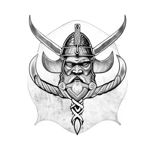 viking boat, odin and trident tattoo design idea