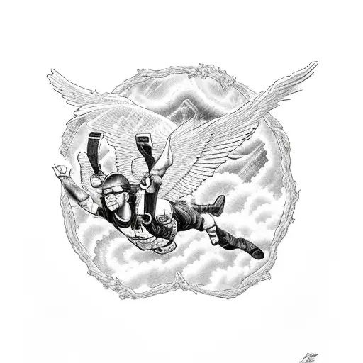 black and white skydiving over Lake Tahoe surrounded by a wreath of Phoenix wings tattoo design idea