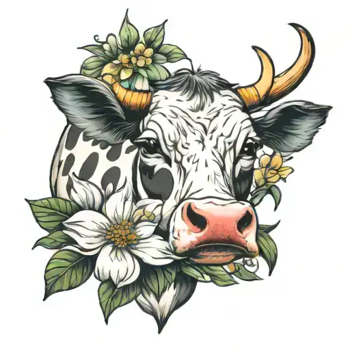 cow with magnolia and daisy flowers tattoo design idea