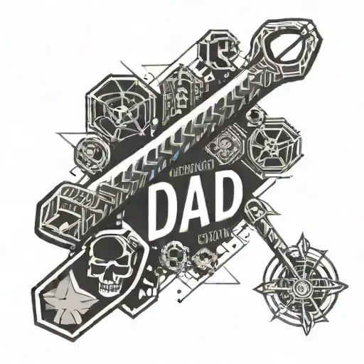 Coal Miner Pickaxe, Scuba Diving Tank, and the Text "Dad" tattoo design idea