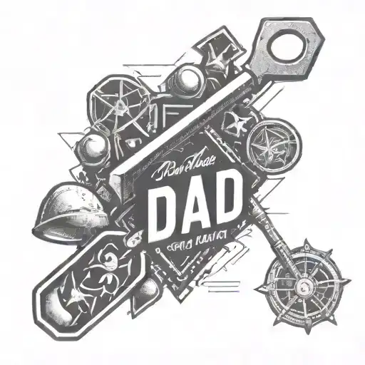 Coal Miner Pickaxe, Scuba Diving Tank, and the Text "Dad" tattoo design idea