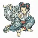 cross eyed anime girl sitting with him tattoo design idea