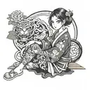 cross eyed anime girl sitting with him tattoo design idea