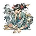 cross eyed anime girl sitting with him tattoo design idea