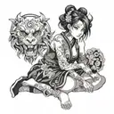 cross eyed anime girl sitting with him tattoo design idea