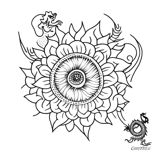 fineline with central small sunflower and three small dragons around tattoo design idea