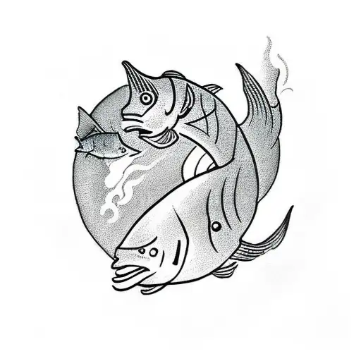 A traditional tattoo design of a fisherman battling a giant fish tattoo design idea
