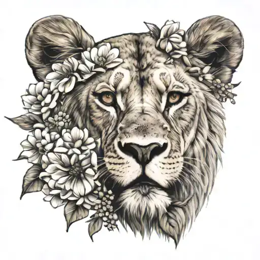 lioness a crown and flowers blooming tattoo design idea
