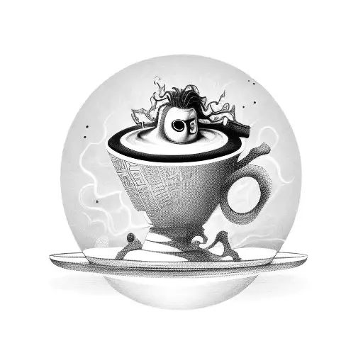 A coffee cup with Tim Burton-inspired characters emerging from the steam tattoo design idea